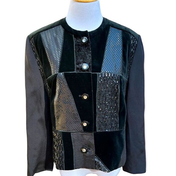 Vintage Louis Feraud Black Velvet Embellished Button Front Jacket 12 - Picture 1 of 9